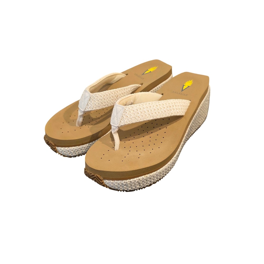 Volatile Womens Platform Wedge Chunky Thong Sandals Tan Off White Woven Size 9